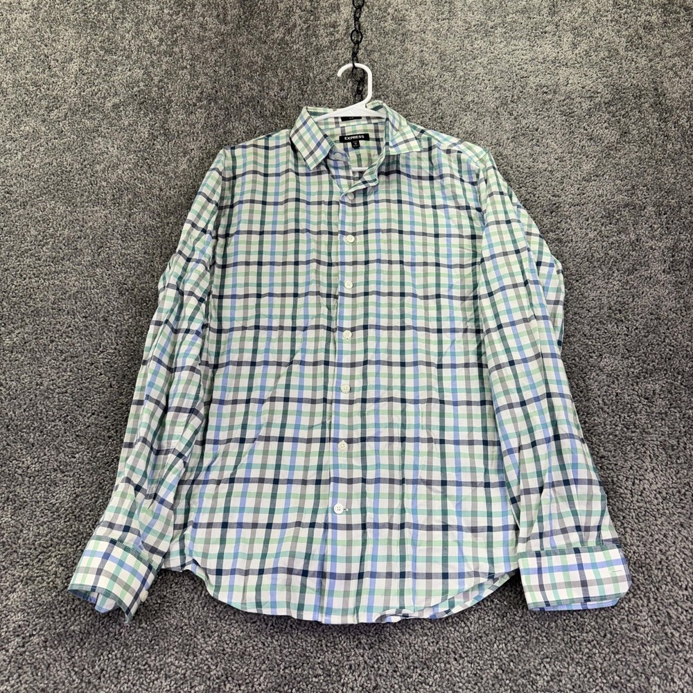 Express Shirt Mens Medium Blue Plaid Long Sleeve Button Up Slim Casual City